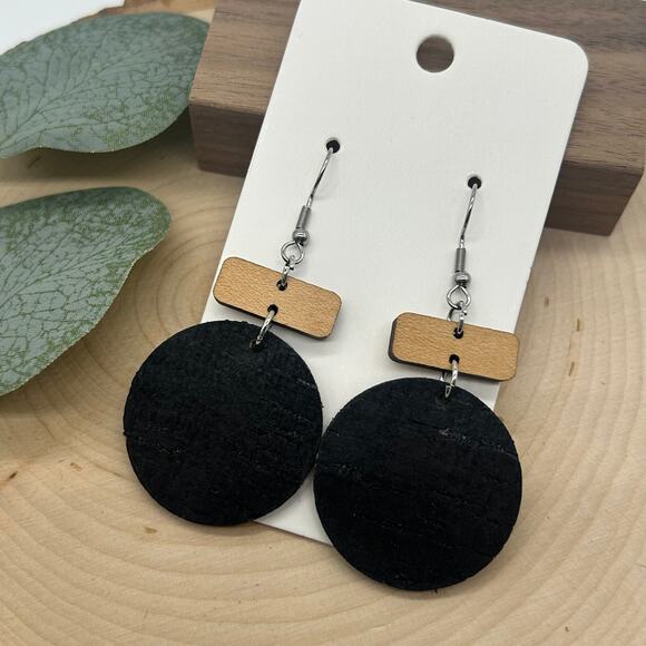 5/$25 Cork on Leather and Wood Circle Round Neutral Dangle Lightweight Earrings - Picture 1 of 4